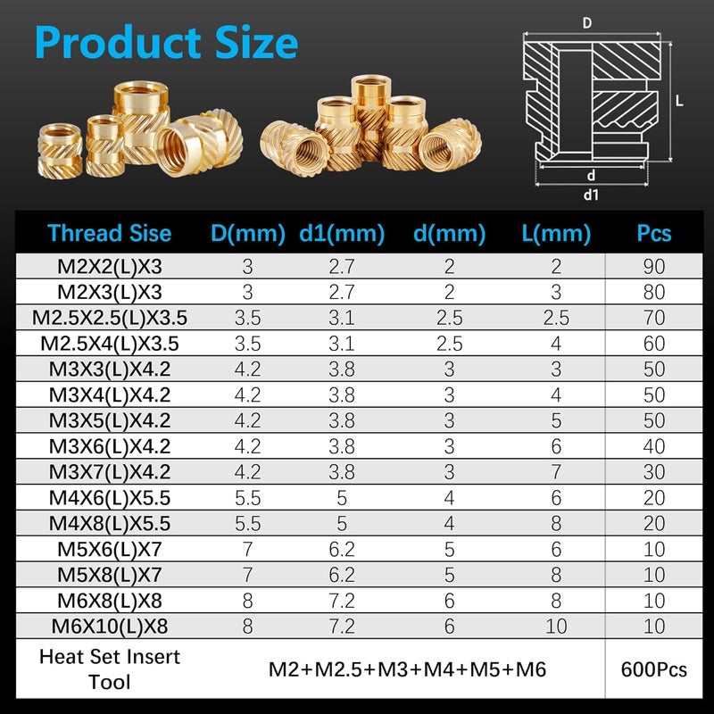 FFVRVSS 600+7Pcs M2 M2.5 M3 M4 M5 M6 Premium Brass Threaded Inserts, Metric Brass Knurled Nuts Assortment Kit, with Heat Set Insert Tool, for Plastic and 3D Printing Components, All-in-one Solutions - Image 3